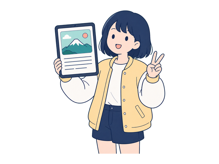 完成したページを見せる人のイラスト
