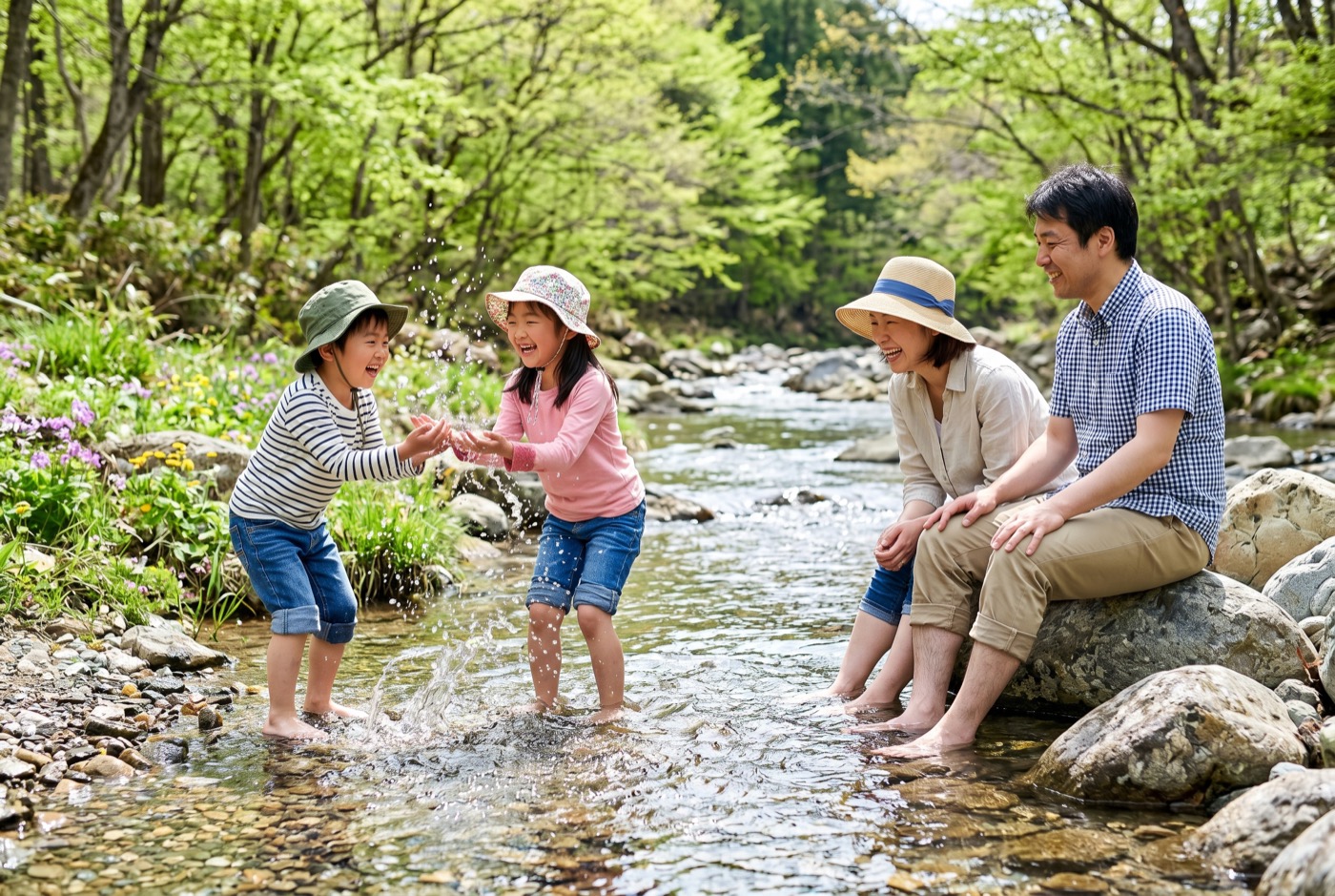 渓流で水遊びする家族